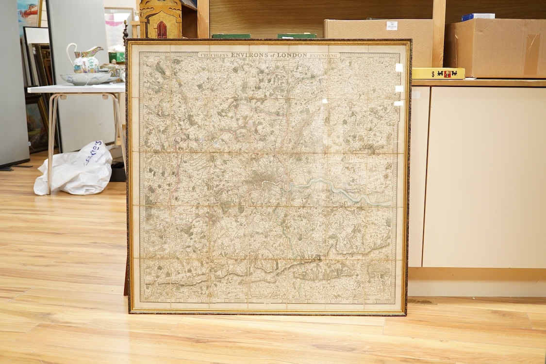 After George Frederick Cruchley (1797-1880), ‘Cruchley’s Environs of London extending 30 miles from the metropolis, 1828’, a folding map backed on linen, now framed, 92 x 95cm